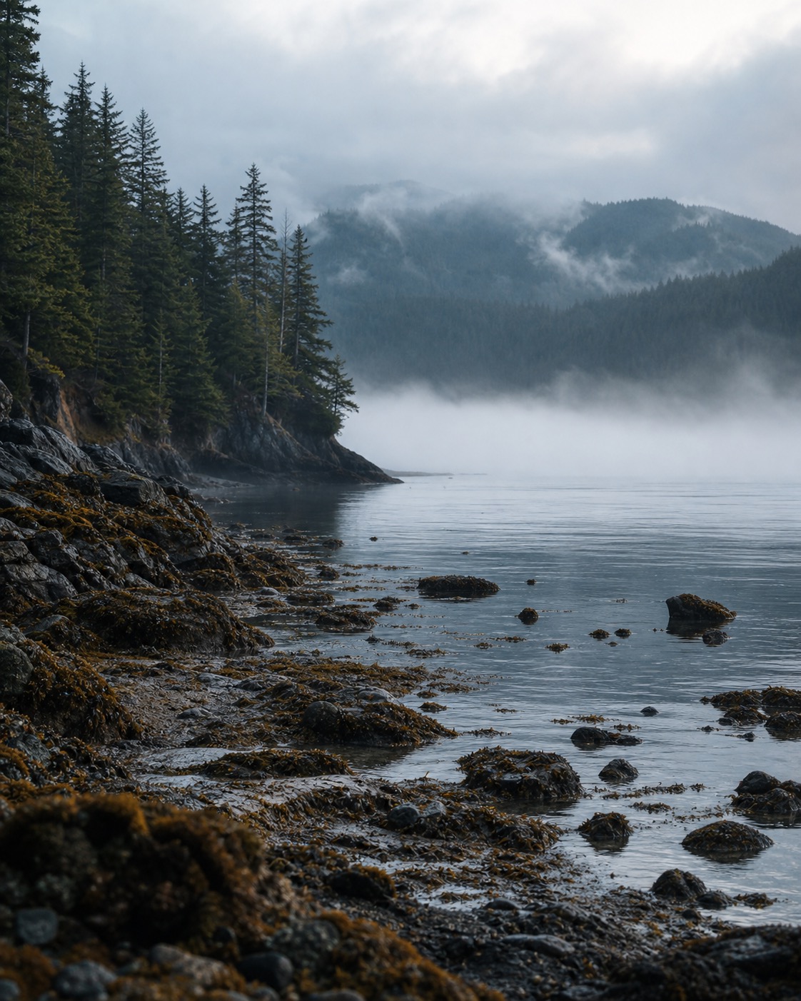 A British Columbia coastline at low tide, mist sitting on the inlet and dark conifers stepping down to the water.