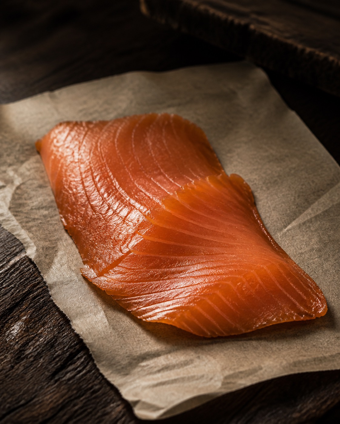 A hand-cut slice of double-smoked salmon resting on parchment, side-lit to show the lacquered grain.