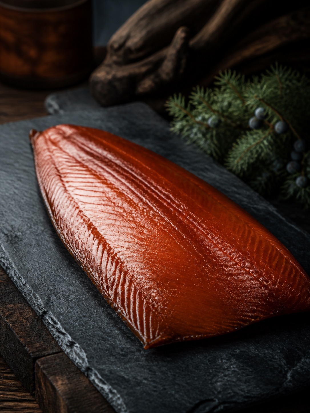 A glossy side of maple-and-juniper smoked salmon, dark amber across the top.
