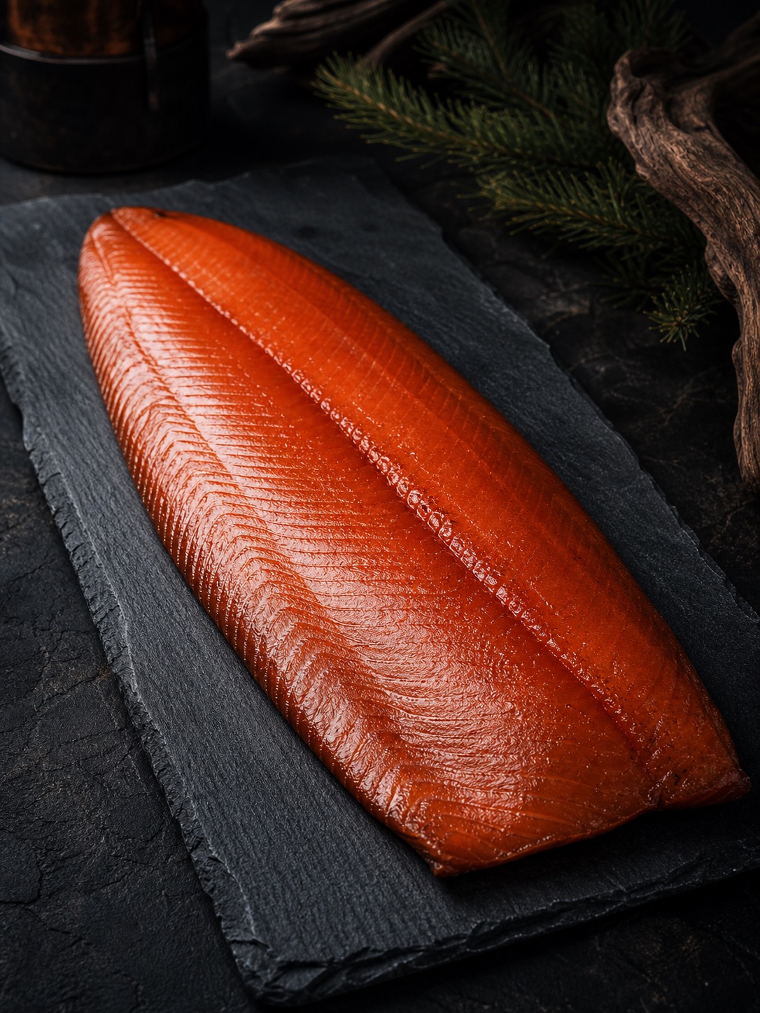 A whole side of original-reserve double-smoked salmon on dark slate.