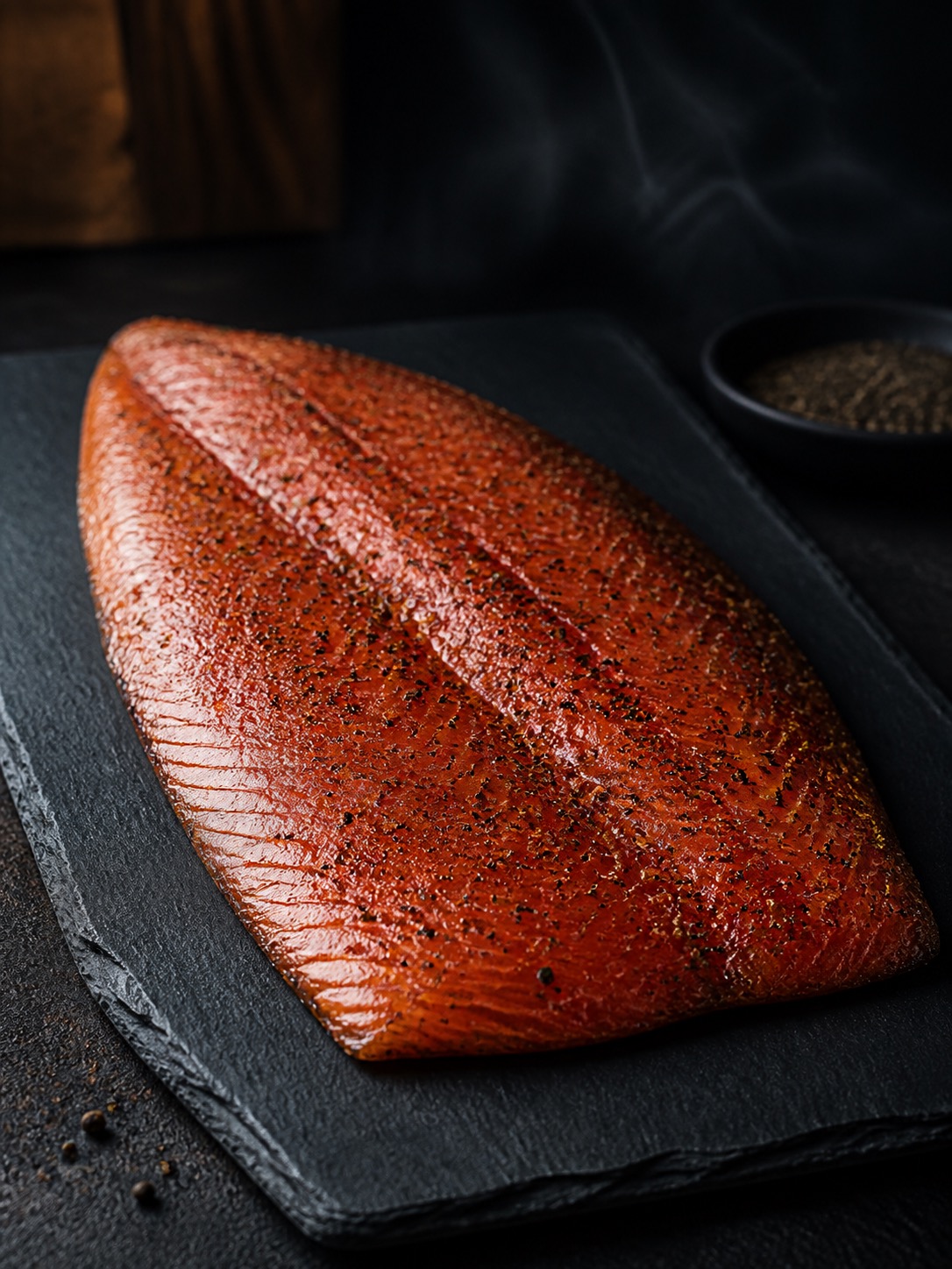 A side of double-smoked salmon crusted with cracked black pepper.